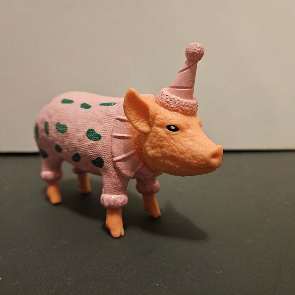 Ankyo Party Pig Figurine Pink Sweater Green Polka Dots Birthday Hat Toy